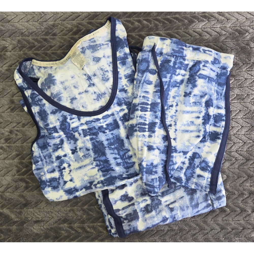 Lucky Brand Pajama Set Women Size Large Blue 3 Piece Shorts Pants Sleeveless Top
